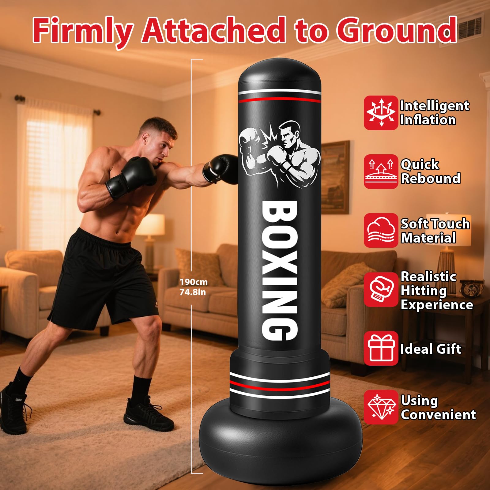 Saco de Boxeo Adultos, 190cm Sacos de Boxeo de Pie on Guantes y Bomba de Aire, Punching Ball Inflable Entrenamiento para Karate, Kickboxing, PVC Fitness Boxeo Regalo Ideal