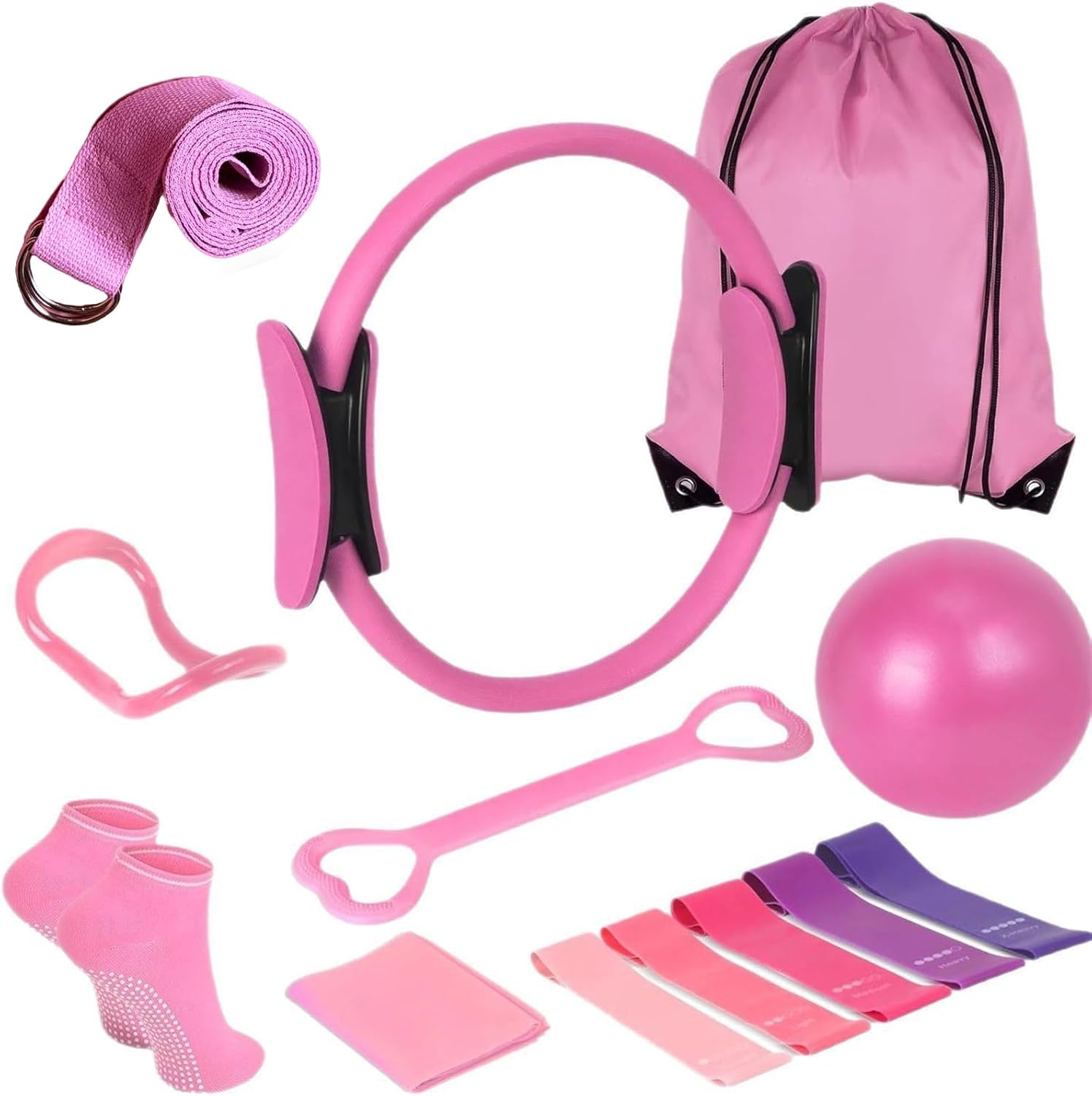 Pilates Equipment, Pilates Kit for Women Home Workouts, Home Pilates Kit with Pilates Ring, Pilates Ball, Long and Loop Resistance Bands, Pilates Socks, Yoga Strap, Workout Guide & Carry Bag