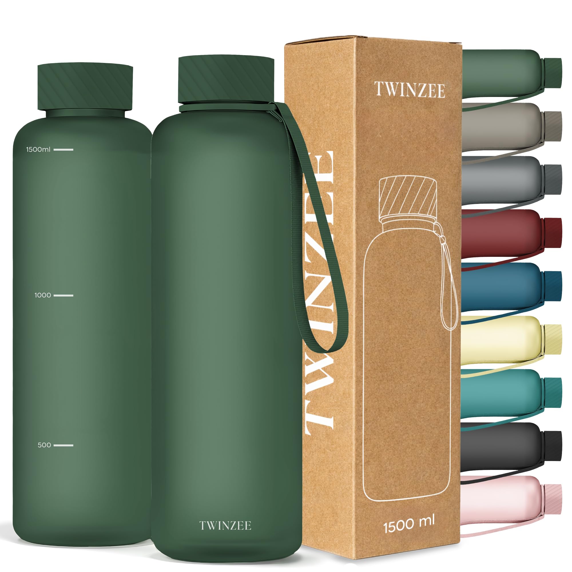 Twinzee Botella Agua 1,5 litro - Sin BPA & Antigoteo, Botella de Agua Deportiva, Oficina, Colegio, Gym, Cantimplora - Tritan Water Bottle, Verde Bosque