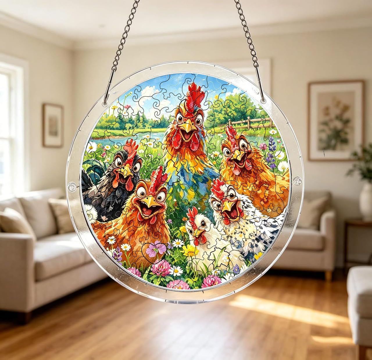 Acrylic Puzzle Suncatcher,Farm Chicken Stained Glass Jigsaw for Adults,Door Garden Decor Home Accessories Sunroom Sunrise Morning in Bloom SunCatchers Puzzles Window Hanging,Gift for Family Friends