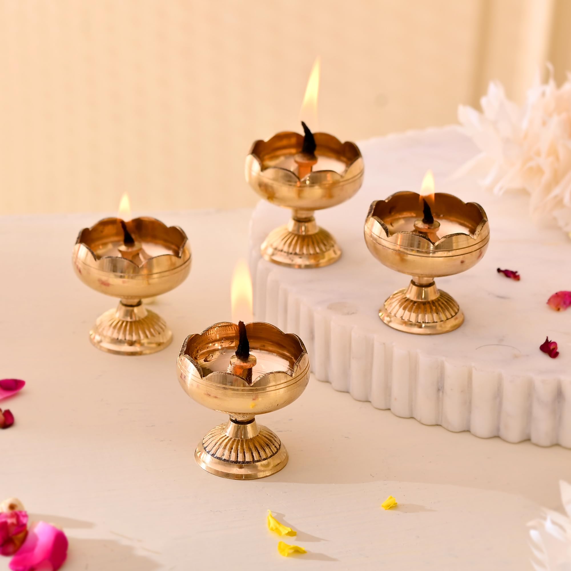 Craftvatika Brass Lotus Diya for Puja Set of 4 - Lotus Flower Diya for Pooja Room , Temple , Mandir, Office, Oil Lamp Diya for Home Decoration