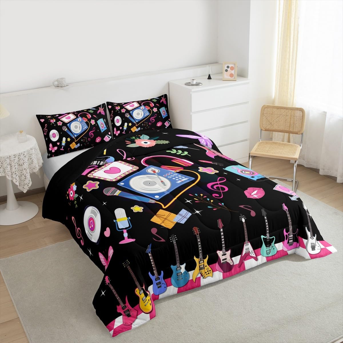 Feelyou Cartoon Girls Music Comforter Singer Guitar Women Bedding Set with 1 Pillowcase Twin Size Black Aesthetics Modern Disco Snake Butterfly Quilt Duvet for Kids Boys Girls Bedroom Decor