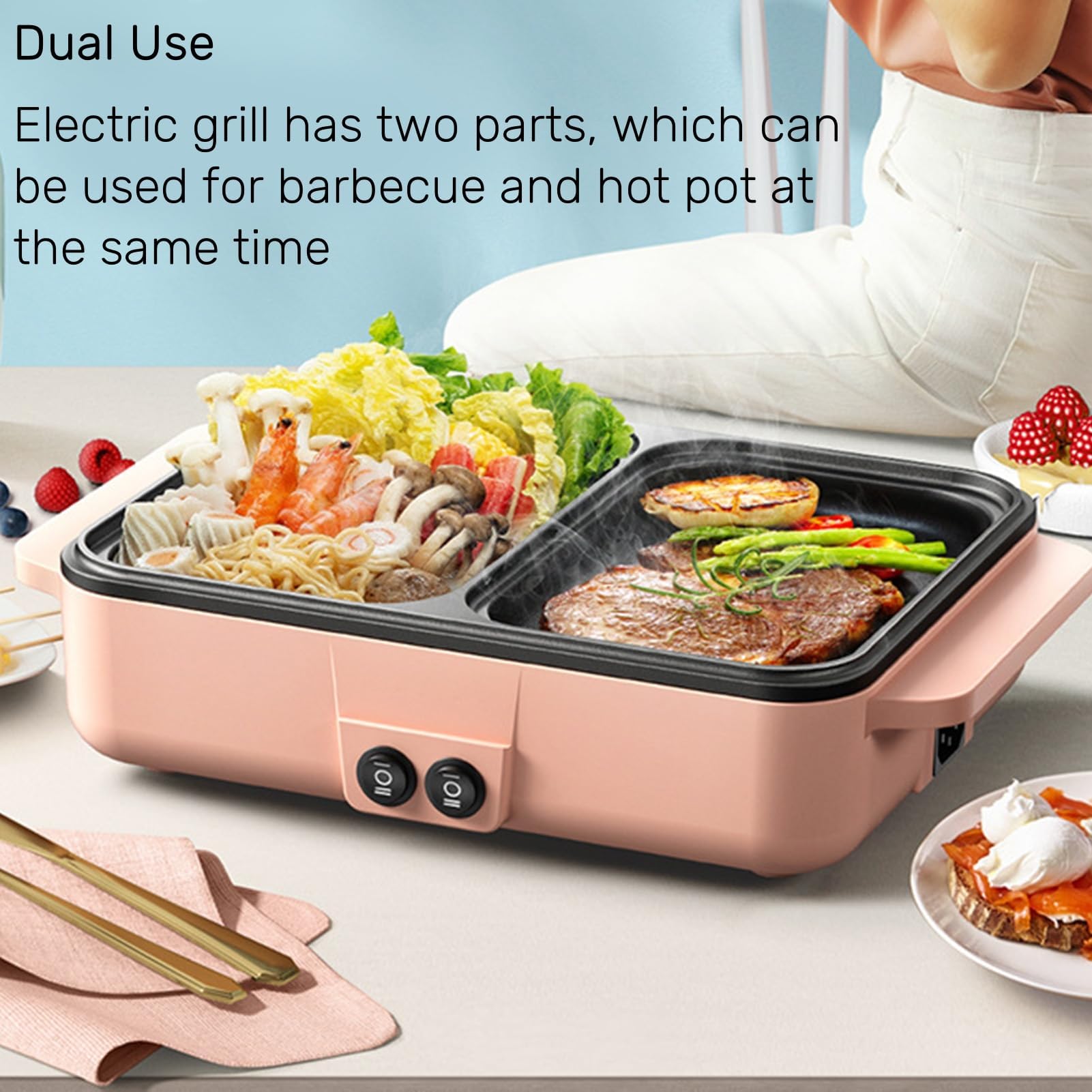Topyond 1200W Hotpot Y Parrilla Eléctrica, Barbacoa Eléctrica 2 En 1, Mini Sarten Electrica, Hot Pot Para 2 Personas, 220V Barbacoa Electrica Sin Humo para Dormitorio/Camping/Hogar