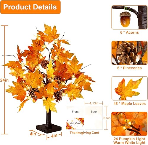 Miniatura 2 de CKE 2 piezas de árbol de arce artificial de otoño de 24 pulgadas, funciona con pilas USB con temporizador, 24 luces LED para decoración de Acción de