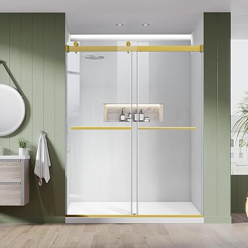 Miniatura 15 de Puerta corrediza de vidrio con bypass para ducha de bañera, 56"-60" de ancho x 58" de alto, puerta de vidrio sin marco para ducha de bañera