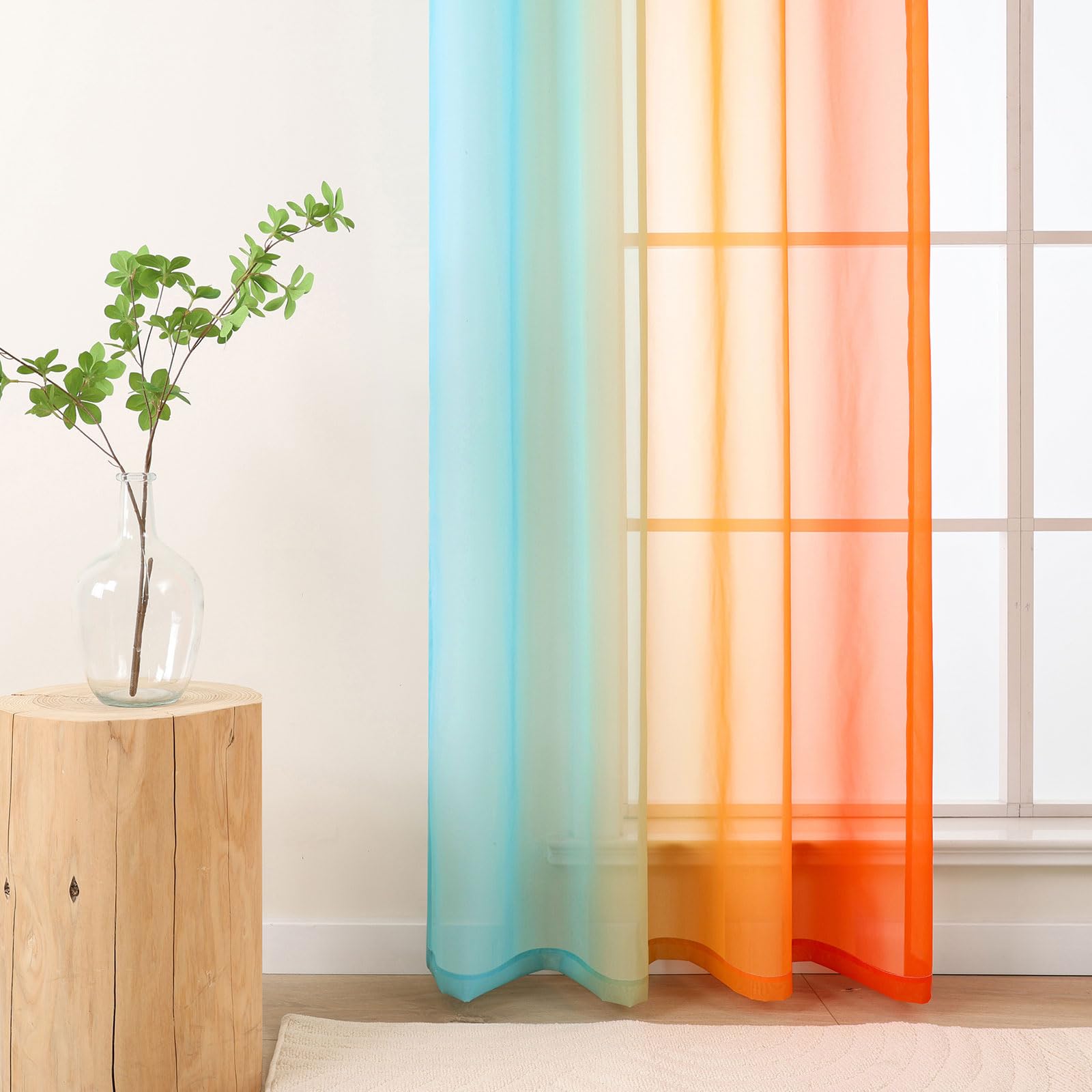 L.Z.E Blue and Orange Sheer Voile Curtains for Living Room Eyelet Ombre Sheer Curtains & Drapes for Kids Boys Girls Room Bedroom Window Transparent 175 cm Short Colour Gradient (55 Wide x 70 Drop) - Image 3