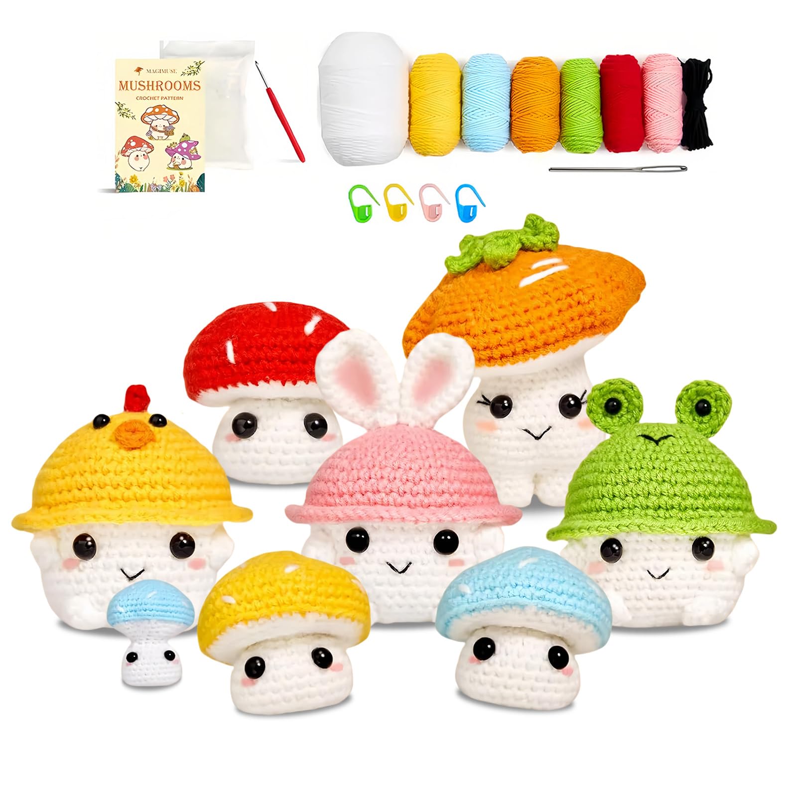 Ruiomii Mushroom Crochet Kits For Starters, Beginner Crochet Kit For Adults, 7Pcs Knitting Kit With Step-By-Step Video Tutorials