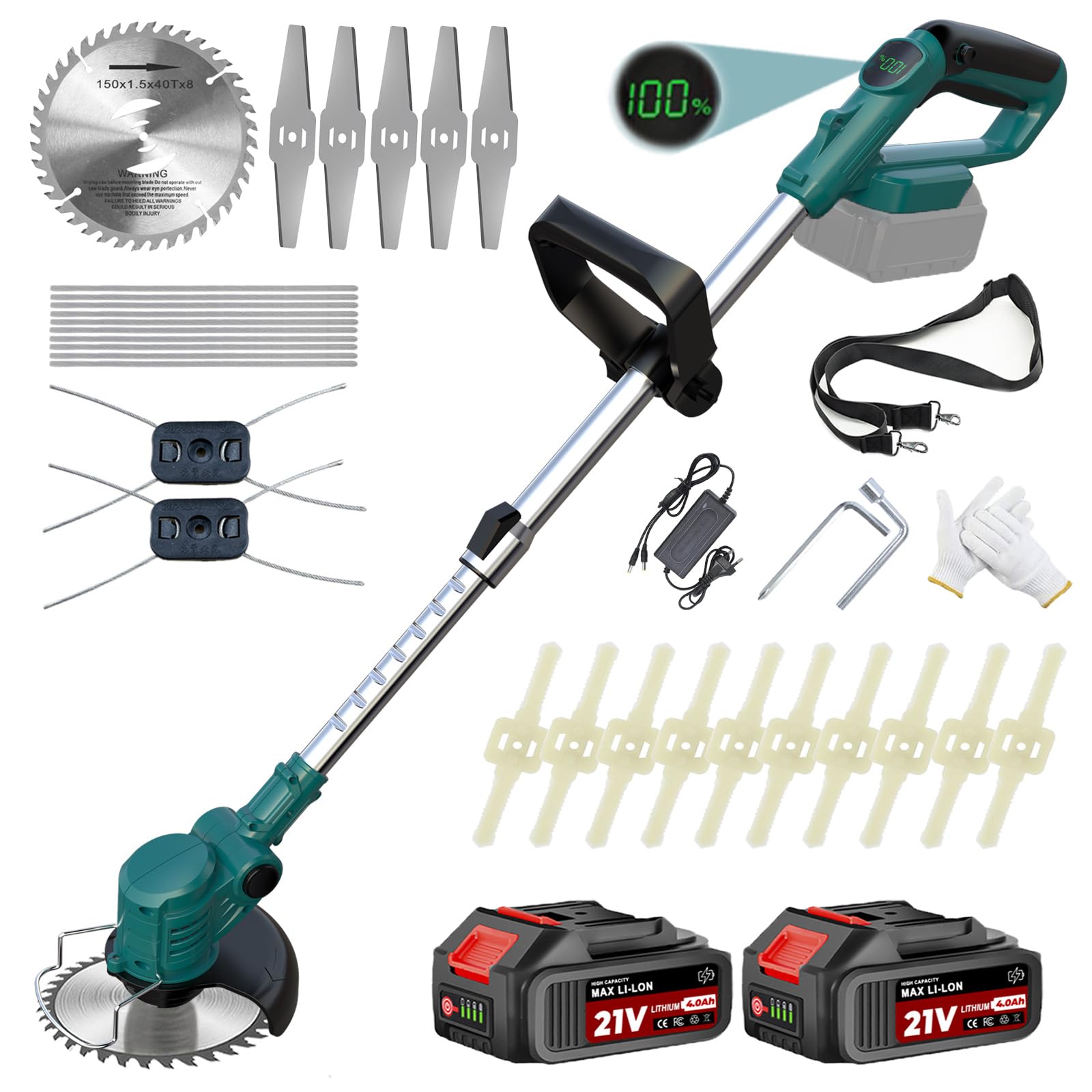 YEXLXLN Rasentrimmer mit Akku und ladegerät, Akku Rasentrimmer für Makita-Akkus mit 4 Klingentypen und 2 x 2,0 Ah Batterien, 21V Freischneider Akku für Garden Trimmen (Blau)