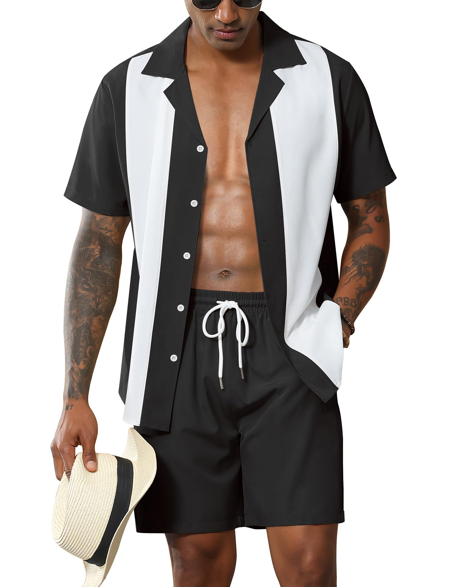 LecGee Men's 2 Piece Vintage Bowling Shirt 1950S Retro Short Sleeve Button Down Shorts Set Summer Outfits Set