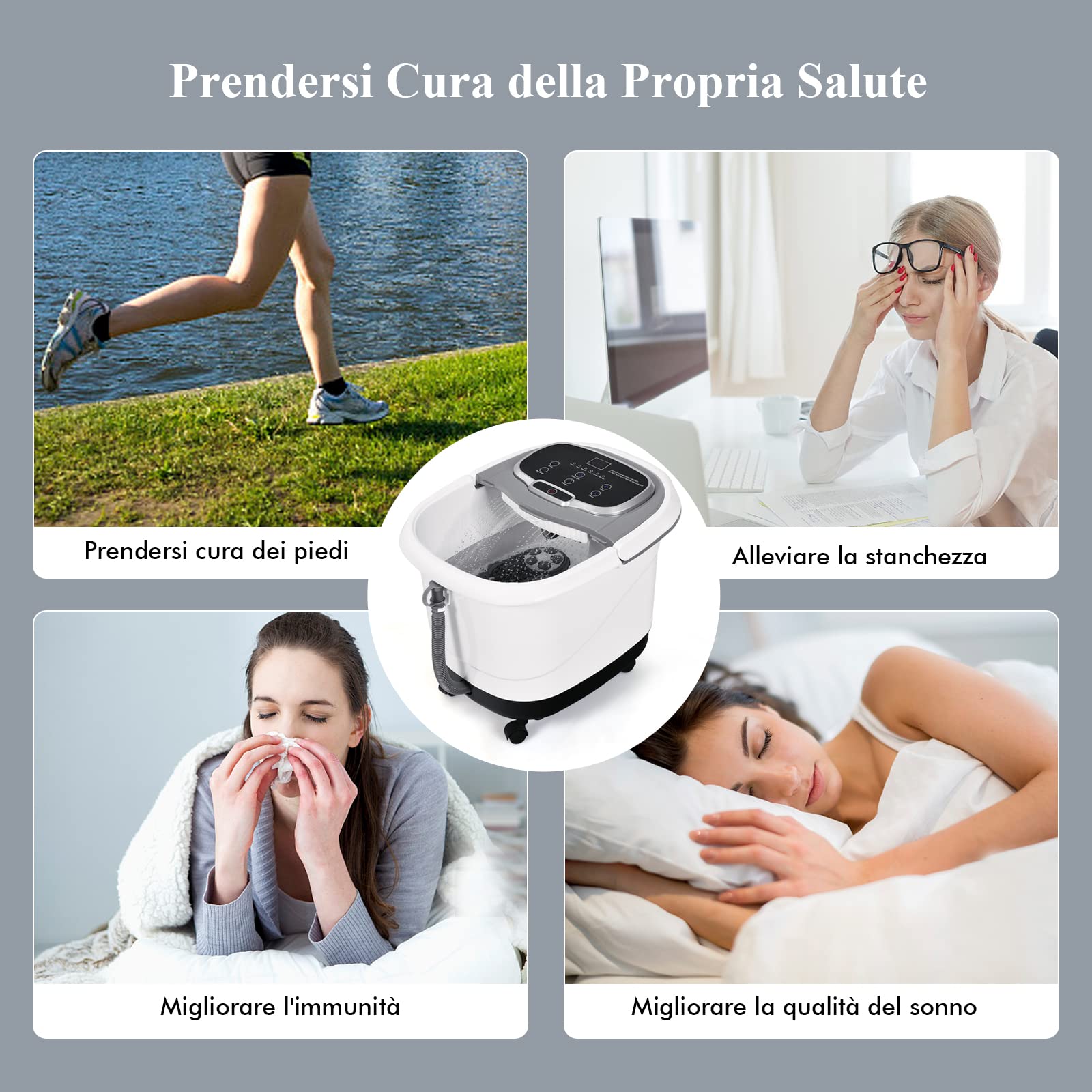 RELAX4LIFE Pediluvio Idromassaggio Elettrico 3 in 1 con Doccia, Riscaldamento Rapido e Mantenimento Temperatura, Sterilizzazione a Infrarossi e Timer 60min, Copertura con Rotelle(Grigio)