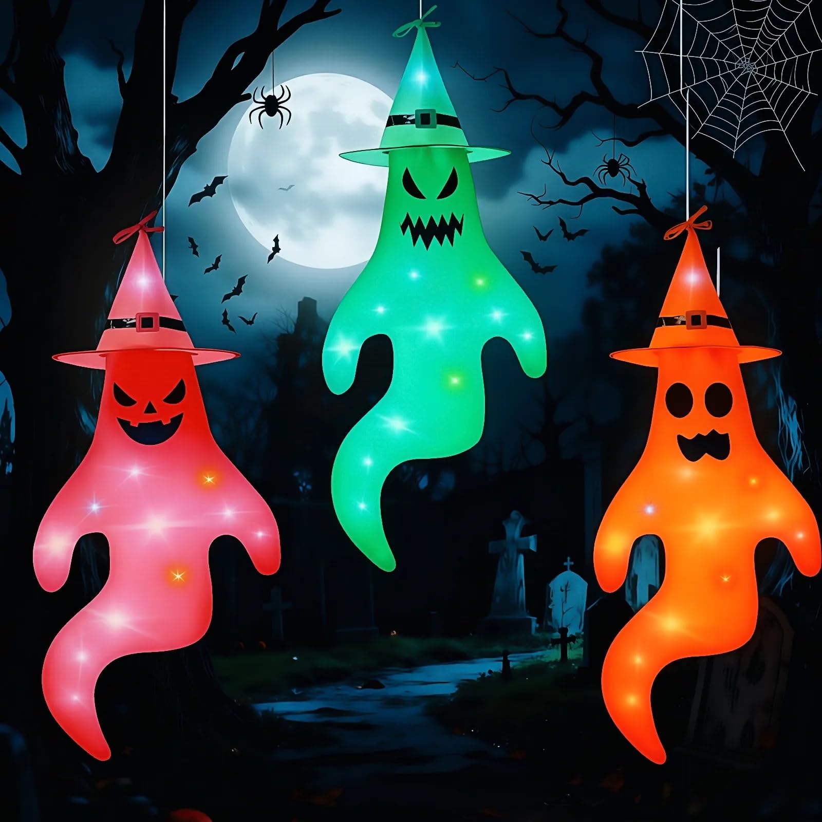 3 Stück Halloween Deko Geist mit Bunt LED Lichtern, 145x65cm Halloween Deko Outdoor Hängende Geister, Hängende Geisterflagge mit Hexenhut, für Garten Hof Terrasse Party Horror Hängen Dekoration
