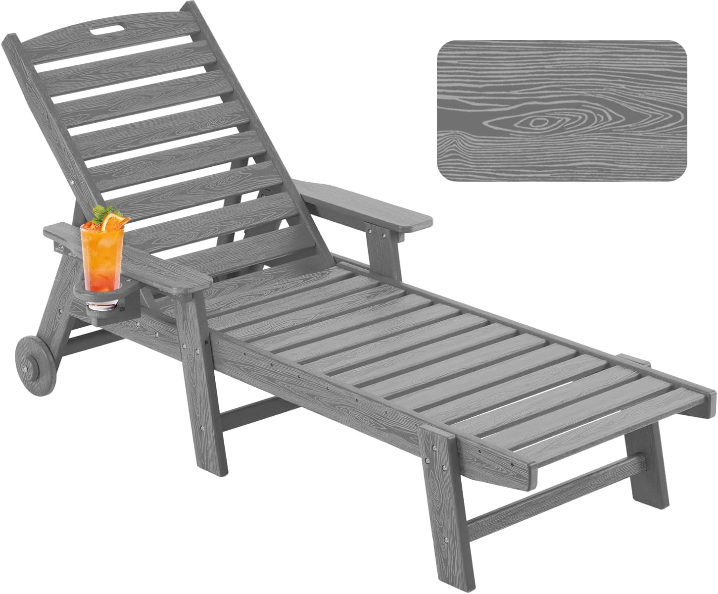 Chaise Lounge Chair Outdoor with Wheels, Oversize Patio Lounge Chairs with Wood Texture, 6-Position Plastic Lounge Chairs for Poolside, Patio, Deck, Beach