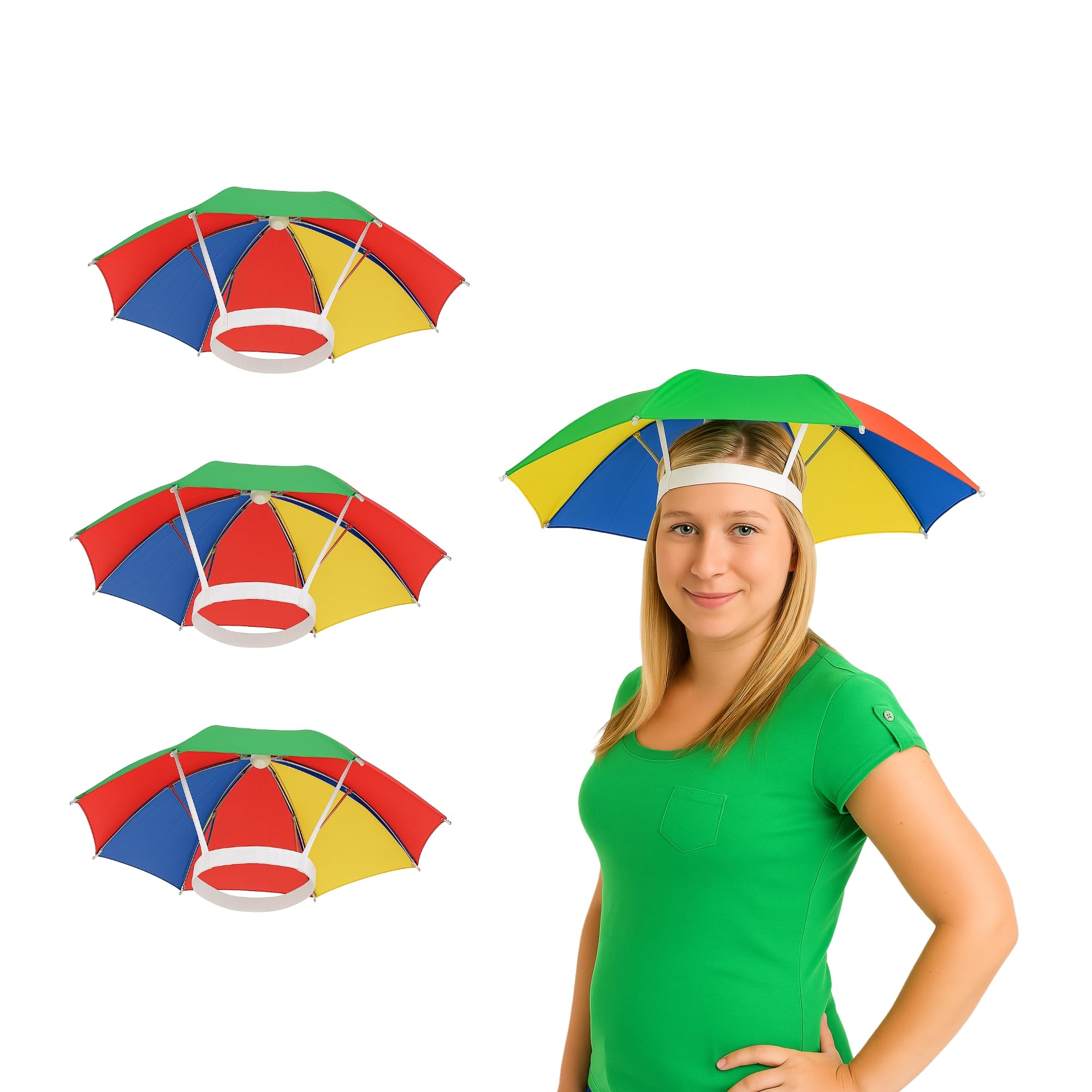 FUN FABLES Rainbow Multi-Color Umbrella Hat | Adjustable Hands-Free Folding Cap for Adults | Rain Hat Fancy Dress for Beach Fishing Golf Party Headwear (UK, Alpha, One Size, 3 Hats, Multi)