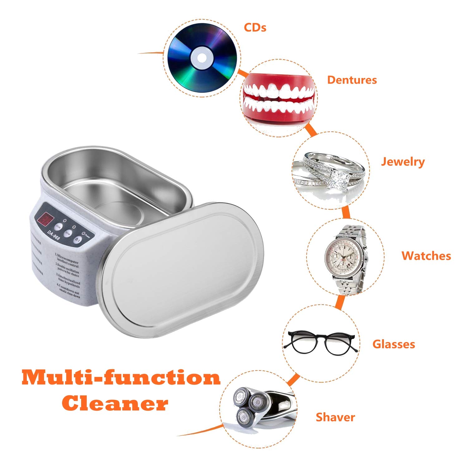 Limpiador Ultrasónico, Acero Inoxidable 600 ml Limpiador Profesional Rápido y Potente de Joyería Máquina de Limpieza Gafas Resistente y Duradera para Anillo Collar Anteojos Espejo Piezas Metal etc(UE)
