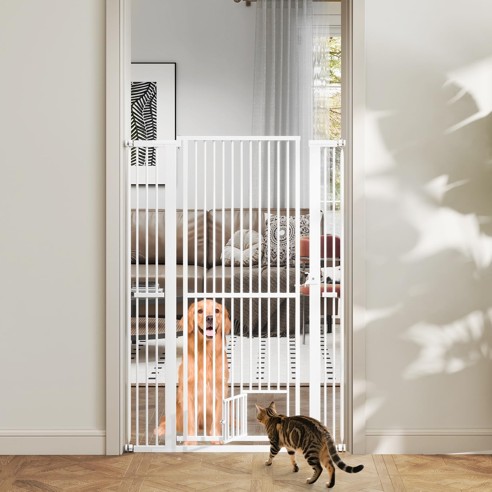 GOPLUS Barrera de Seguridad de Mascotas de Metal Ajustable, Puerta Extra Alta de 150 cm para Gatos con Ancho Ajustable de 77-104 cm, 2 Kits de Extensión, Diseño Bloqueable, Barrera para Perros
