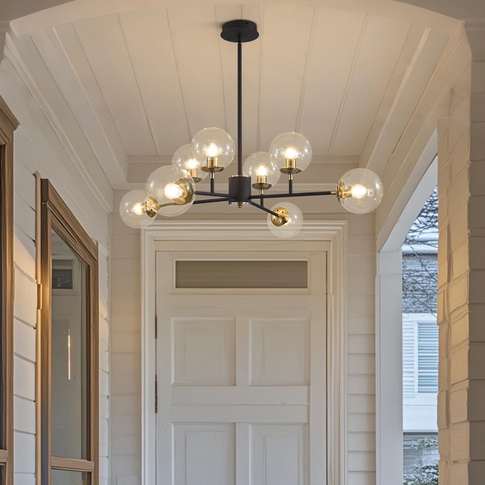 KCO Lampadario Sputnik Nero a 8 Luci per Soggiorno, Lampadario con Sfere di Vetro Ambra per Camera da Letto e Sala da Pranzo, Diametro 90 cm, Altezza Regolabile, Attacco E27