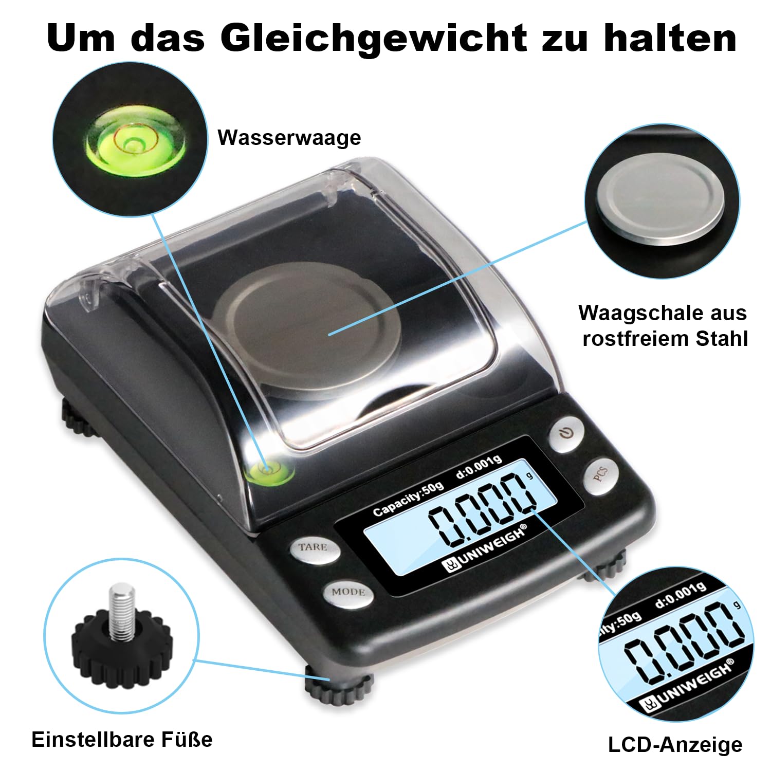 UNIWEIGH Digitale Milligramm-Skala, 0,001 g/50 g, Präzisions-Waage für Schmuck, Pulver, Gold, Edelsteine, Nachladungswaage, Mikrogramm-Skala mit 6 Einheiten, Tara, Kaltwicht, Taschenwaage mit USB