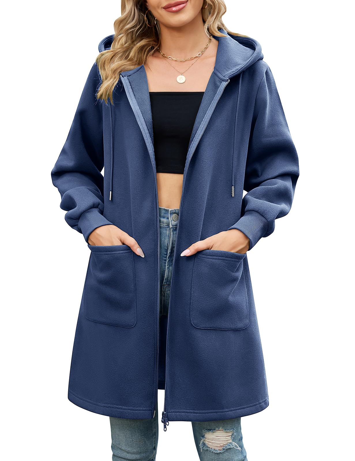 Vancavoo Sweat Long Femme à Capuche avec Fermeture Éclair Bidirectionnelle | Veste Longue à Cordon, Poignets Côtelés et 2 Poches Plaquées, pour le Quotidien, Printemps et Automne