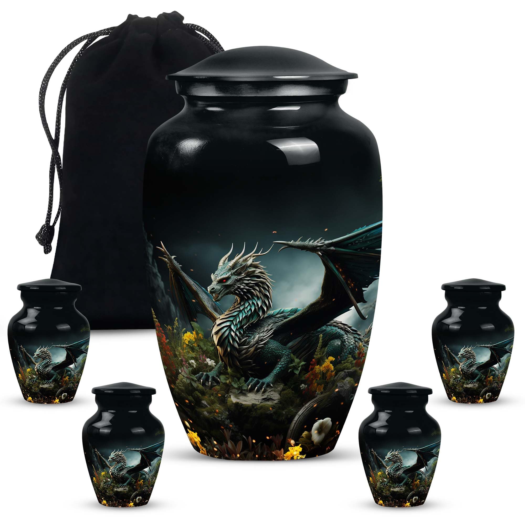 SUBSH Dragon of Enchanted Woods - Combo with Large Urn & Velvet Bag & 4 Small Urns - Keepsake & Large Metal Cremation Urns for Men & Women