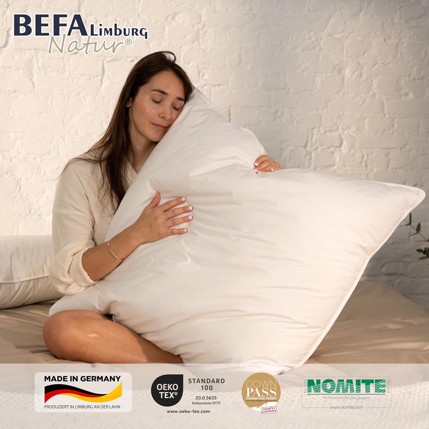 BEFA NATUR Almohada de plumón 50x70 cm (2 Unidades) | Almohada de 3 cámaras | 90% plumón y 10% Plumas | Apta para alérgicos (NOMITE) | Certificada DOWNPASS | Oeko-Tex Clase 1
