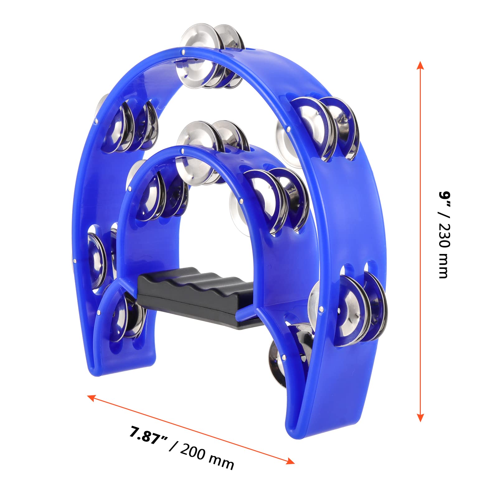 SINJEUN Paquete de 4 panderetas de doble fila de 10 pulgadas, percusión de mano de metal con mango ergonómico, pandereta musical de media luna de 4 colores para principiantes, iglesia, karaoke, fiesta