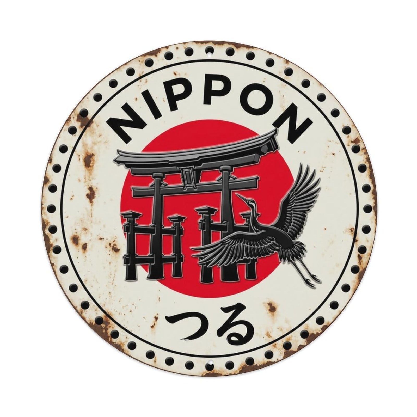 Yrnq 8X8inch Vintage Style Shrine Crane Nippon Sacred Bird Weathered Metal Tin Sign