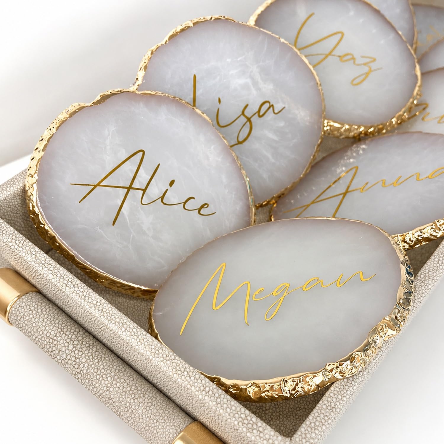 Personalized Resin Agate Coasters - Custom Wedding Gifts For Couples, Bridesmaid Proposal Favors, Housewarming Gift For New Home - Handmade Geode Coasters With Gold Foil Rims