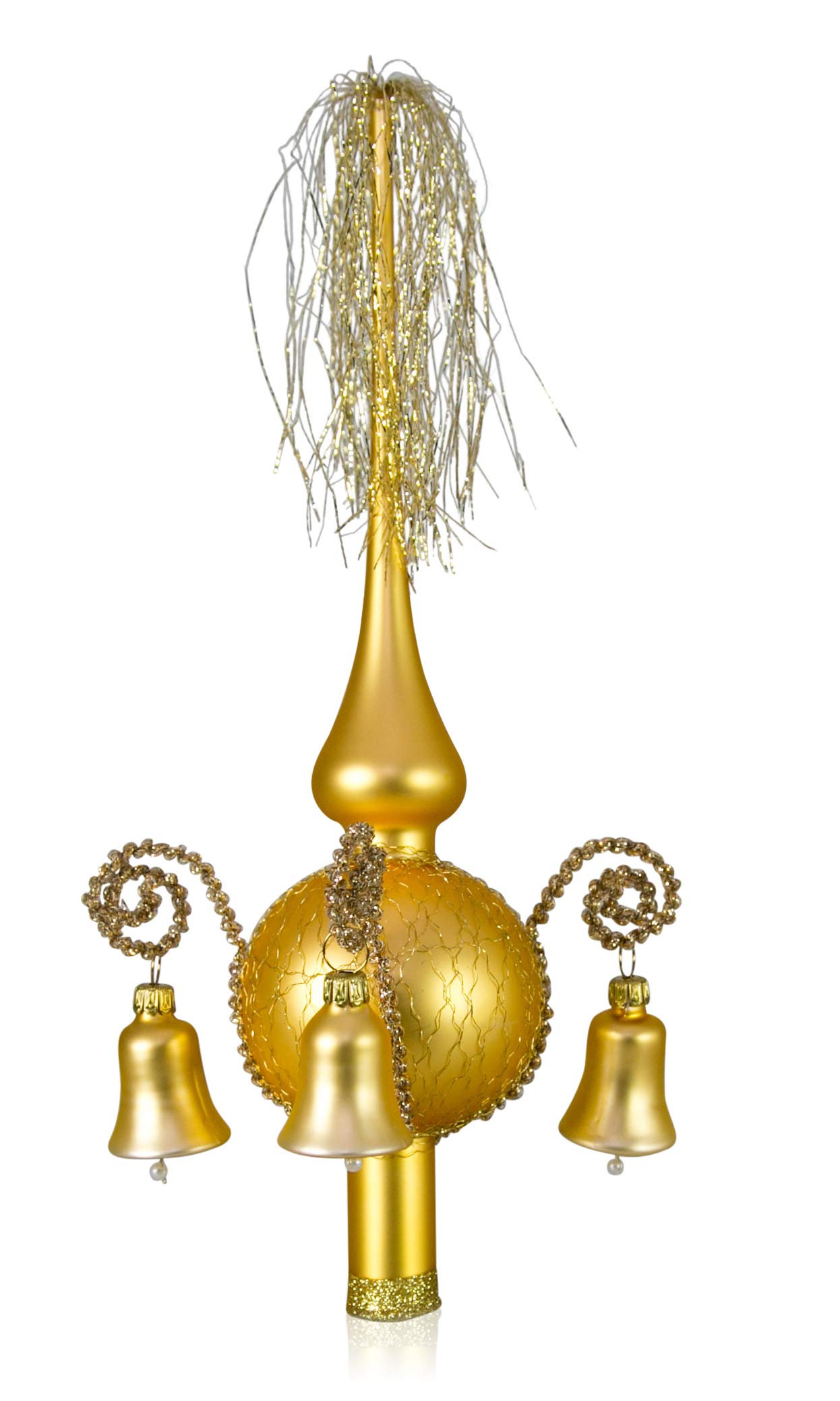 Lauschaer Cimier de sapin de Noël en verre avec clochette Doré mat Longueur env. 28 cm Diamètre (boule) 7 cm Pointe de décoration de sapin de Noël soufflée à la bouche, décoré à la main, fil Leonien