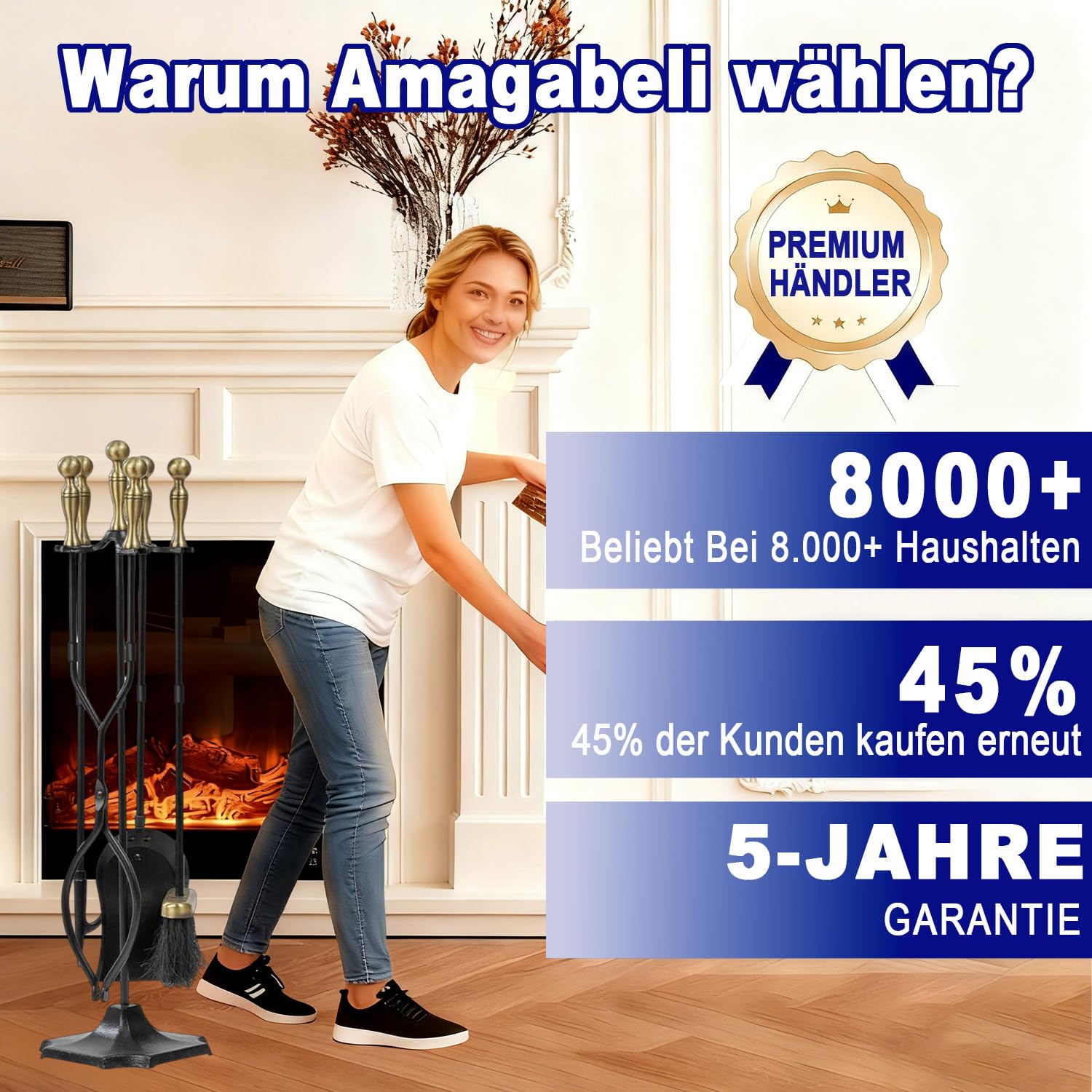 Amagabeli Kaminbesteck mit Messinggriffen, Schmiedeeisen und Halter, 67,3 cm, für drinnen und draußen, Feuerstelle, Ständer, Zange, Schaufel, Bürste, Schornstein, Schürhaken, Holzofen, Kaminzubehör