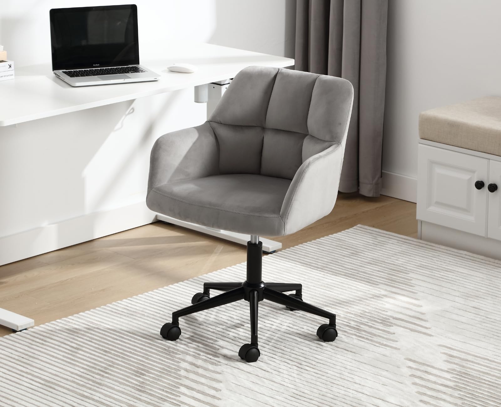 chairus Chaise de Bureau en Velours Fauteuil Travail Pivotant à 360° pour Salon Chambre Chaise Rembourré avec Hauteur Réglable (Gris (roulettes))