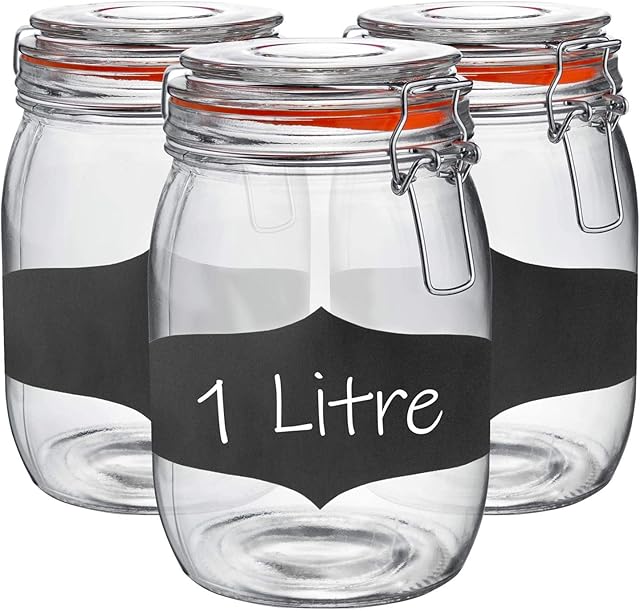 Argon Tableware 3x 1000ml (1 Litre) Clear Glass Storage Jars with Orange Airtight Silicone Seal Chalkboard Stickers and Metal Clip Lids - 33.8oz Large Empty Kitchen Jar Container