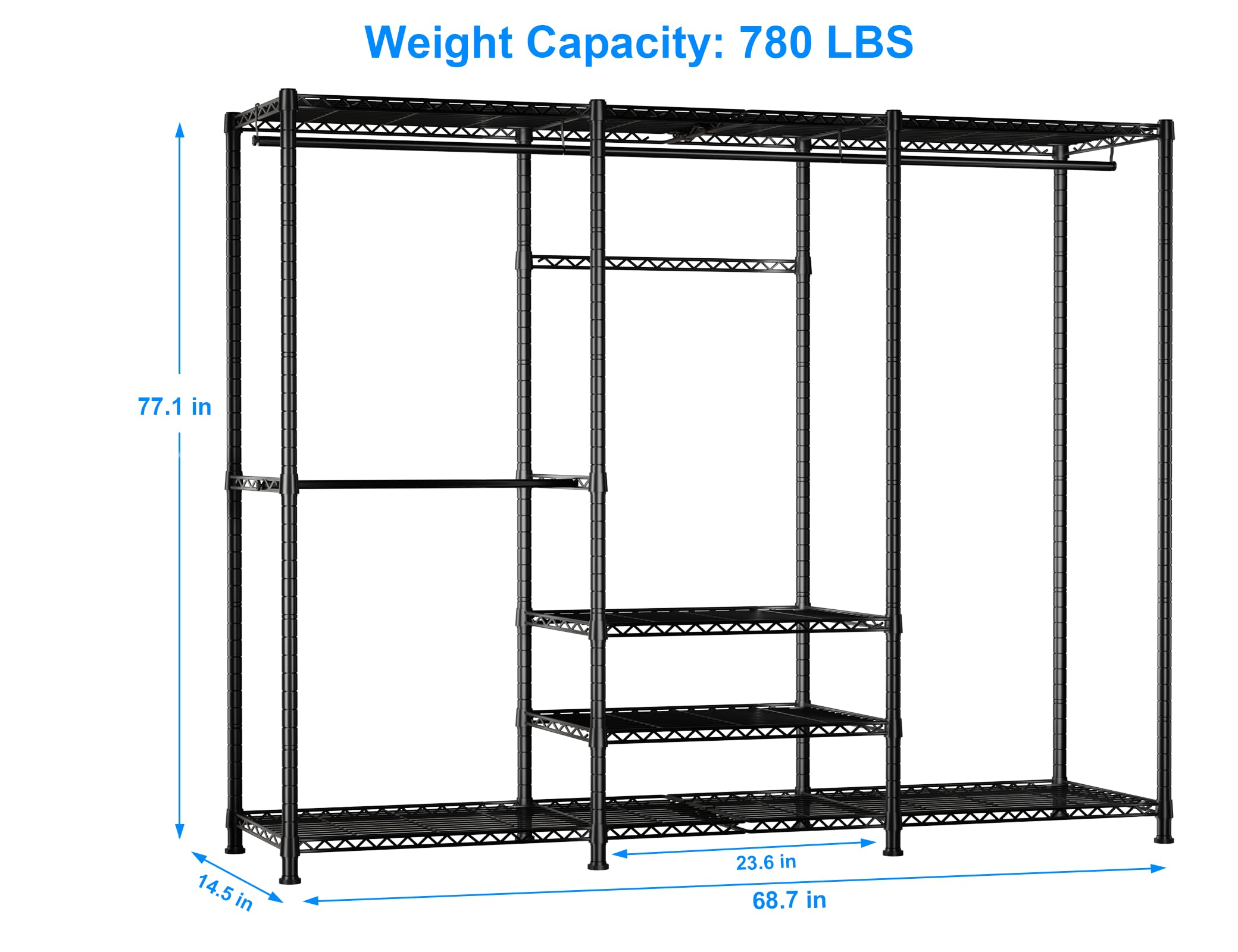 Ulif E5 Freestanding Garment Rack, Metal Heavy-Duty 3 Rows Closet Organizer and Storage System with 6 Adjustable Shelves and 4 Clothes Hanger Rods, Max Load 780LBS, 67.9" W x 14.5" D x 77.1" H, Black