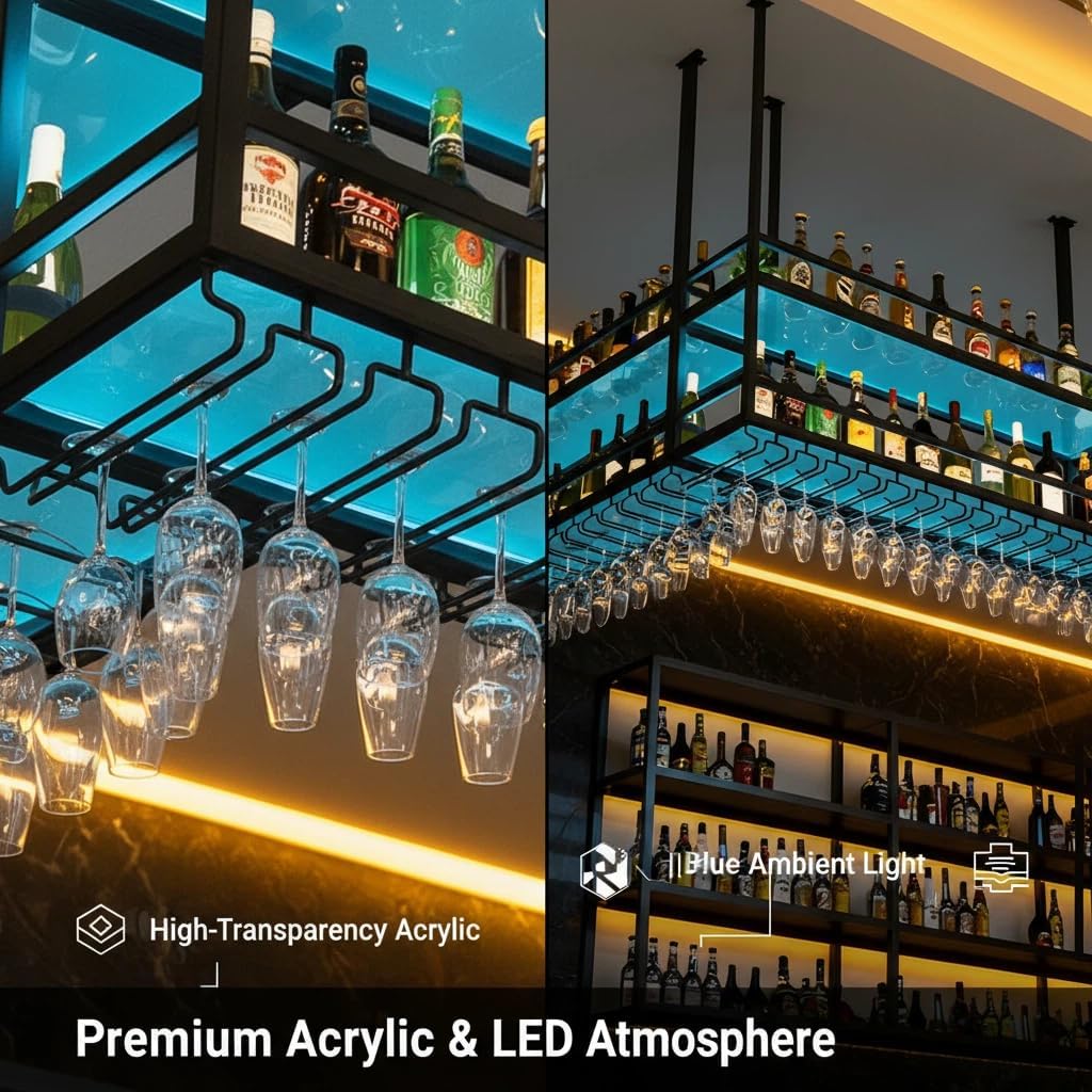 31.4IN Ceiling Wine Glass Rack, Hanging Wine Rack with Acrylic Transparent Shelves and LED Lights, Modern Multi Use Hanging Liquor Display Shelf for Bar, Kitchen Decoration (31.4in/80cm)