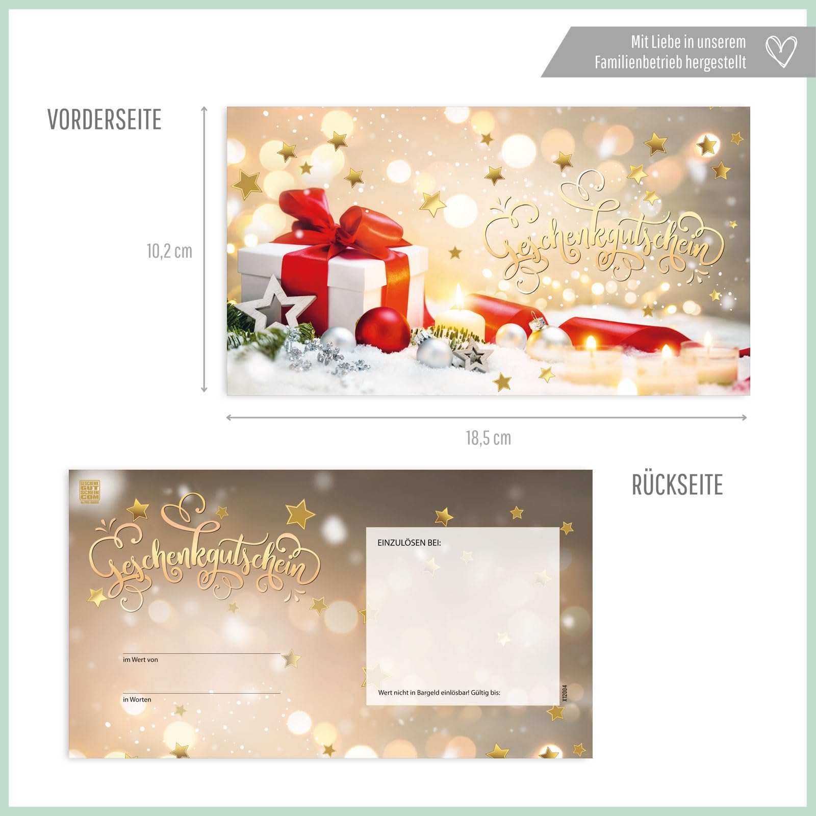 GESCHENKGUTSCHEINcom - 50 Formulare zum Erstellen eigener Gutscheine mit Kuvert/Schleife für Weihnachten. Weihnachtsgutscheine X120042-50-V2