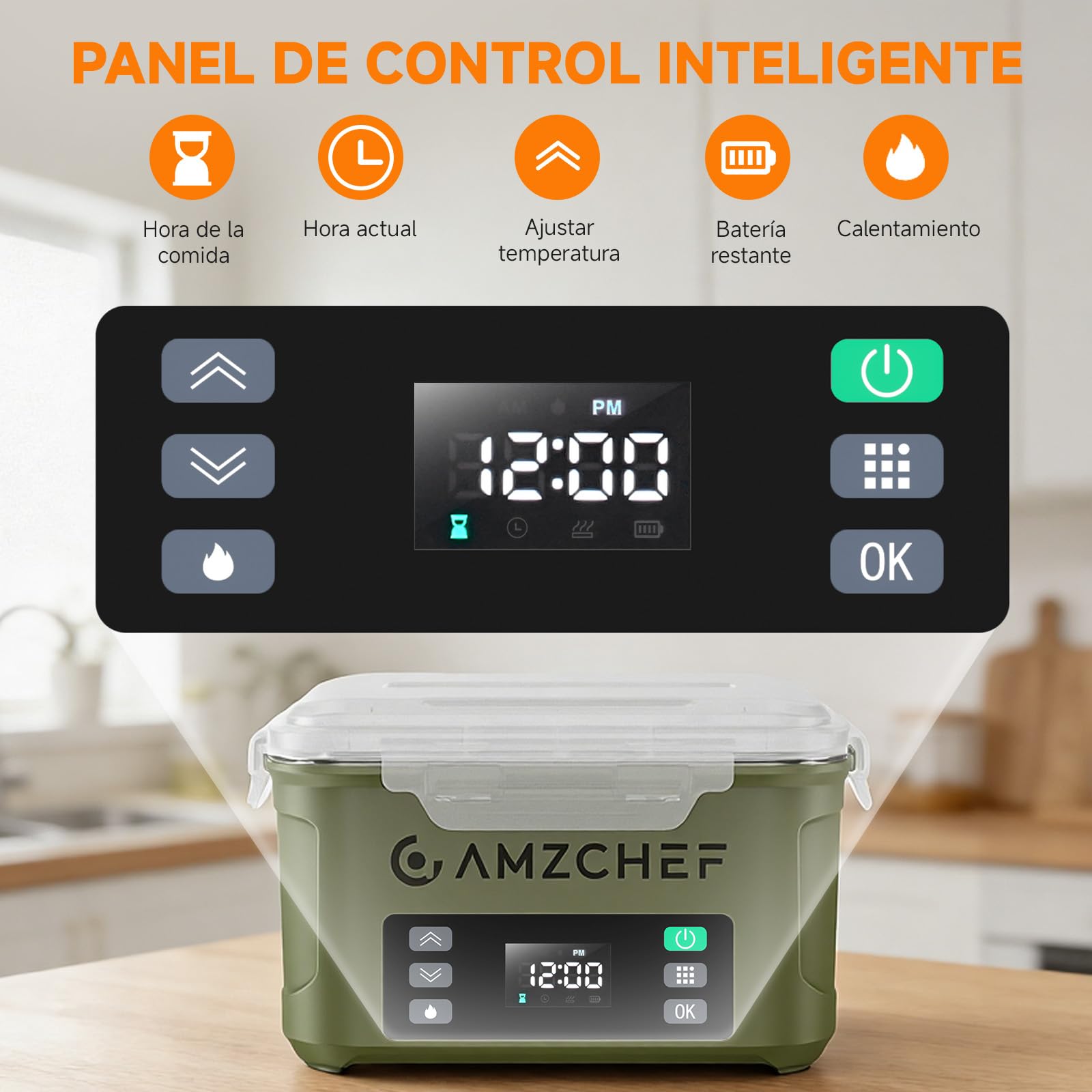 AMZCHEF Fiambrera Electrica de 1,5 L - taper electrico para comida de 27 000 mAh, calentamiento en 5 caras, función de calentamiento instantáneo, con reloj y memoria, recarga rápida (verde) | Fiambrera portátil de 1,5 l con calentamiento instantáneo, func