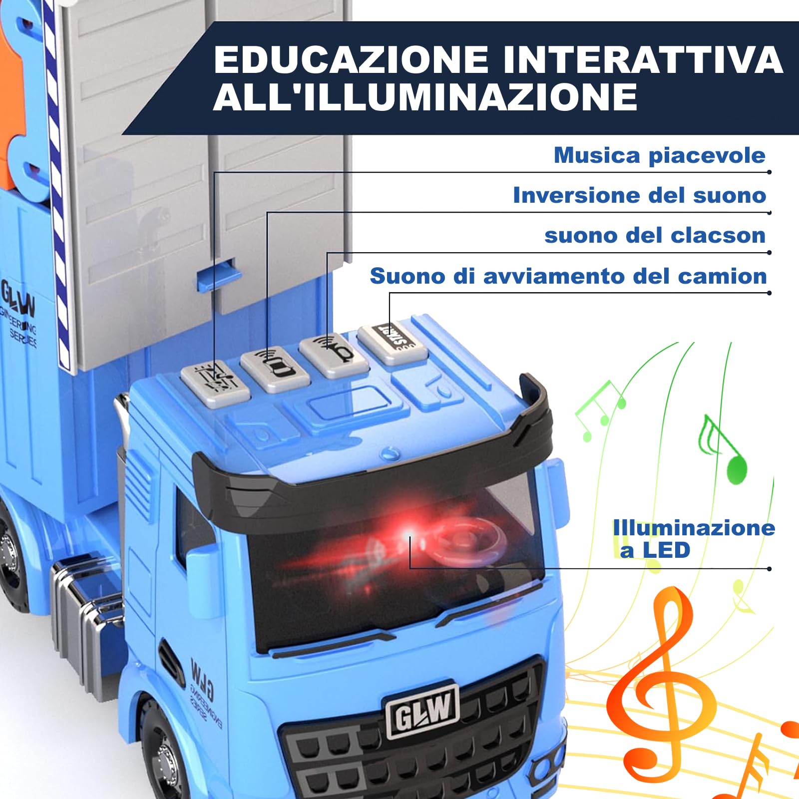 Camion Giocattolo per bambini, 201cm Pista da Trasporto Pieghevole Auto Eiettabile e 8 Auto da Corsa in Metallo, camion Porta Macchinine con Luci e Suoni, Regali per Bambini di 3 4 5 6+ Anni