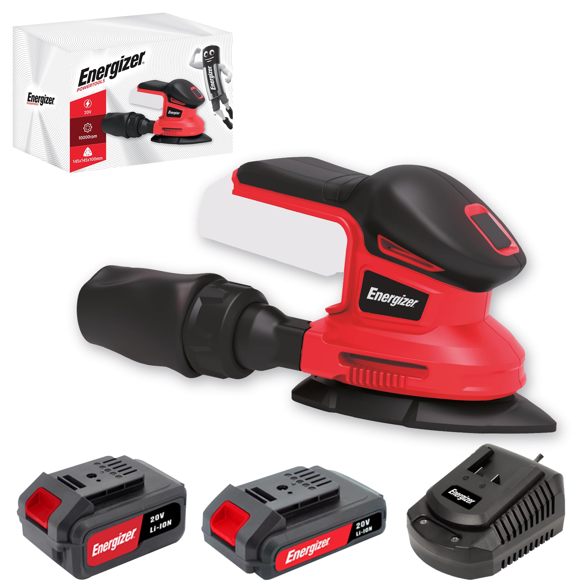 Energizer - Levigatrice Orbitale Multifunzione Triangolare Senza Fili 20V con Batterie Incluse – 10000 OPM, Sacchetto Aspirapolvere, 10 Fogli Abrasivi Inclusi (P60/80/120), Ideale per Finiture e Fa