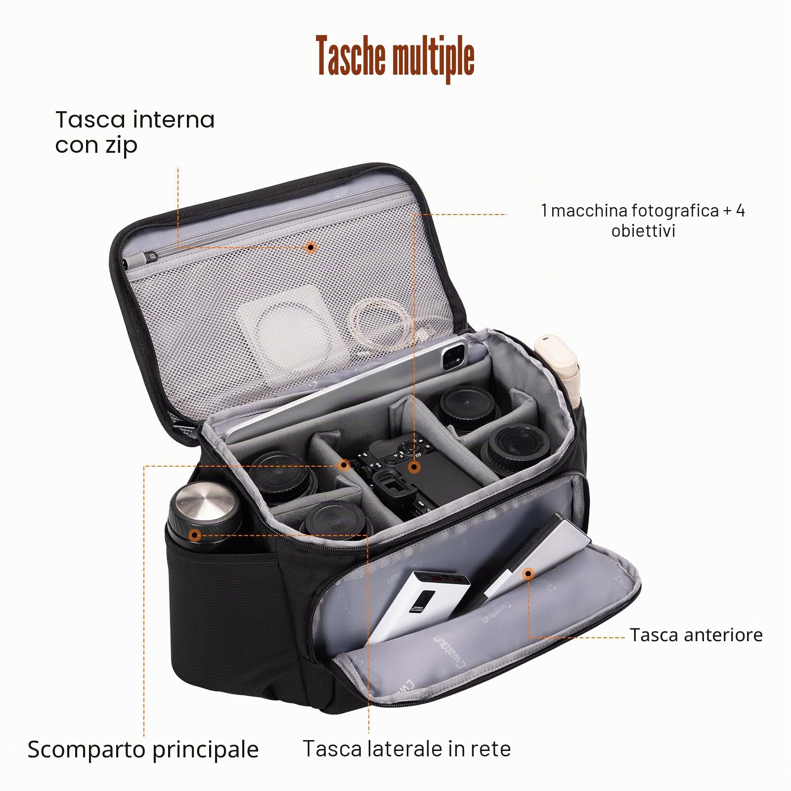 Cwatcun fotocamera borsa fotocamera SLR, borsa fotografica impermeabile per fotocamere reflex per Canon, Nikon, Sony, Fuji piccola DSLR/SLR e obiettivo, Nero, XL