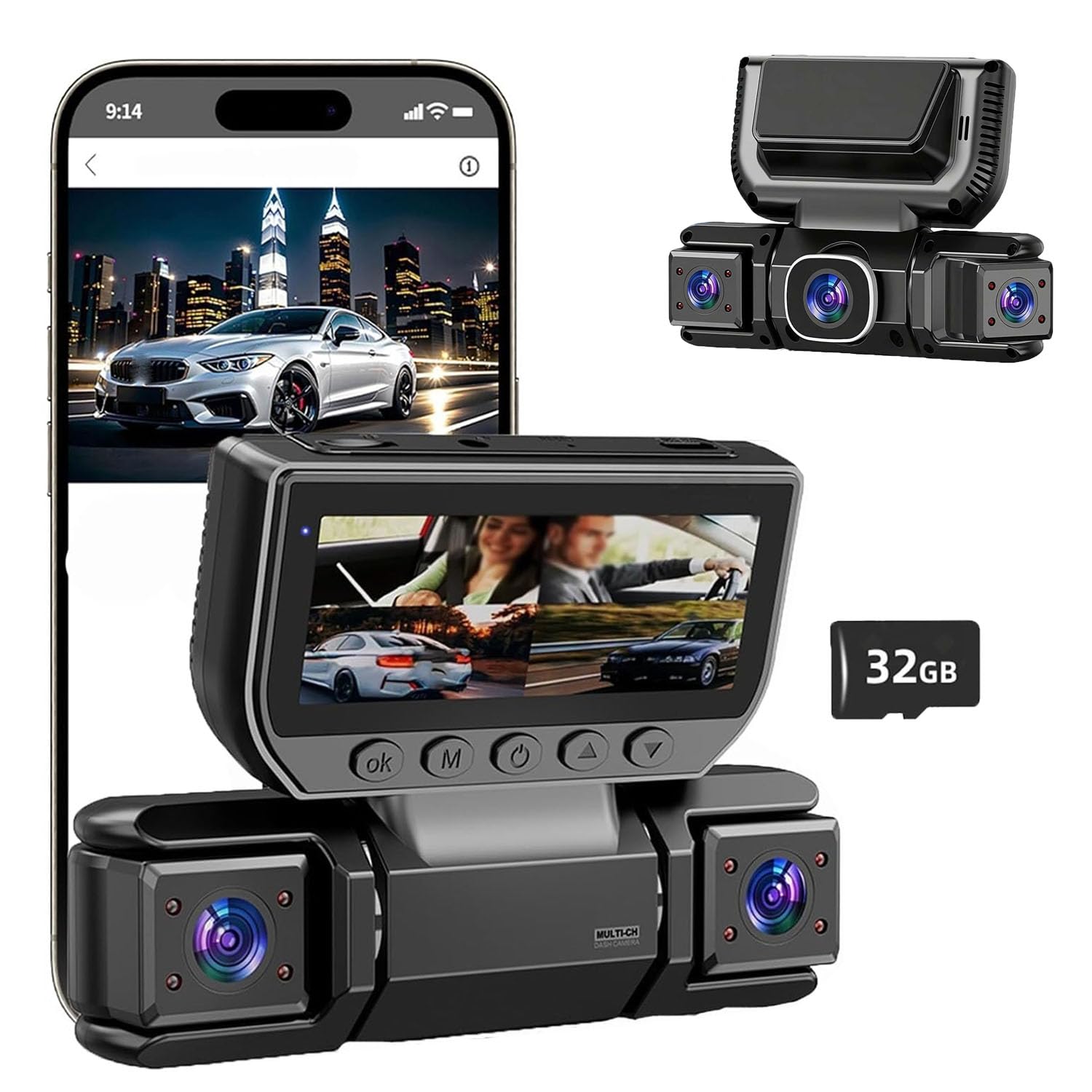 Enregistreur vidéo DVR de voiture 360° WiFi 4 canaux caméra de tableau de bord avec carte de 32 Go, 1080p FHD 360 degrés vue caméra de tableau de bord de voiture avant et arrière, contrôle par
