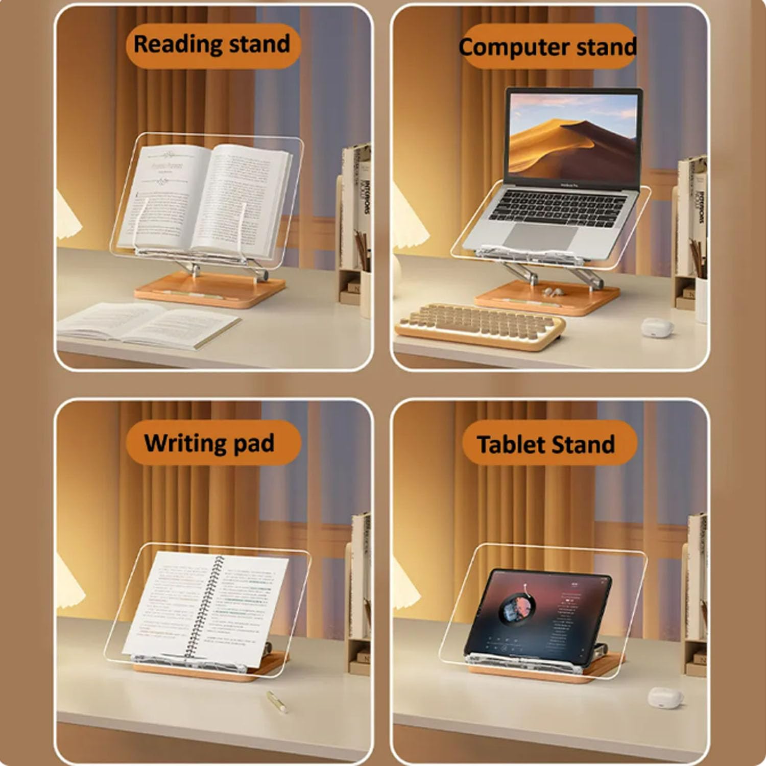 Soporte de Madera para Libros Tablero Acrílico Transparente Reposa Lectura Soporte para Tableta Soporte para Portátil Estantería de Escritorio con Clips de Página