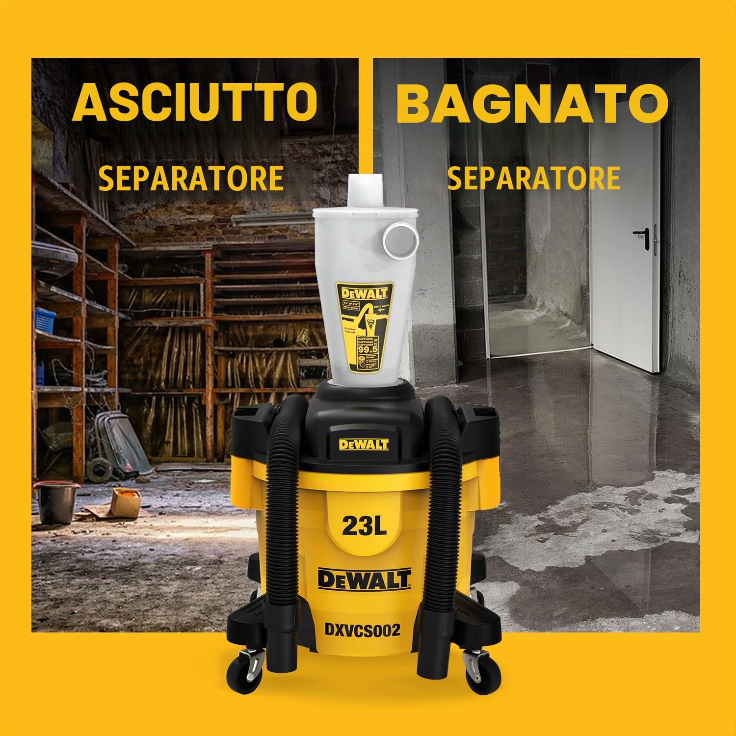DEWALT DXVCS002 Filtro per aspirapolvere a ciclone, collettore di polvere in polvere (separa il 99% del materiale prima che raggiunga l'aspirapolvere) Filtro separatore a ciclone per l'estrazione in