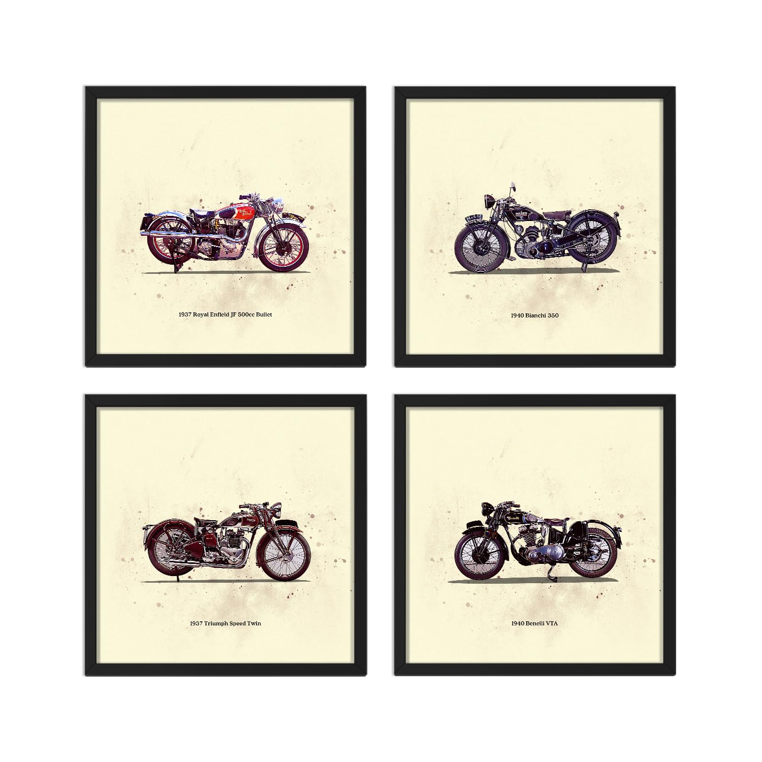 Ritwika's Wood Collection Of 4 Abstract Wall Artwork Of Vintage Motorcycles | 4 Digital Prints With Black Frame | Size 13.5 Inch X 13.5 Inch, Set Of 4