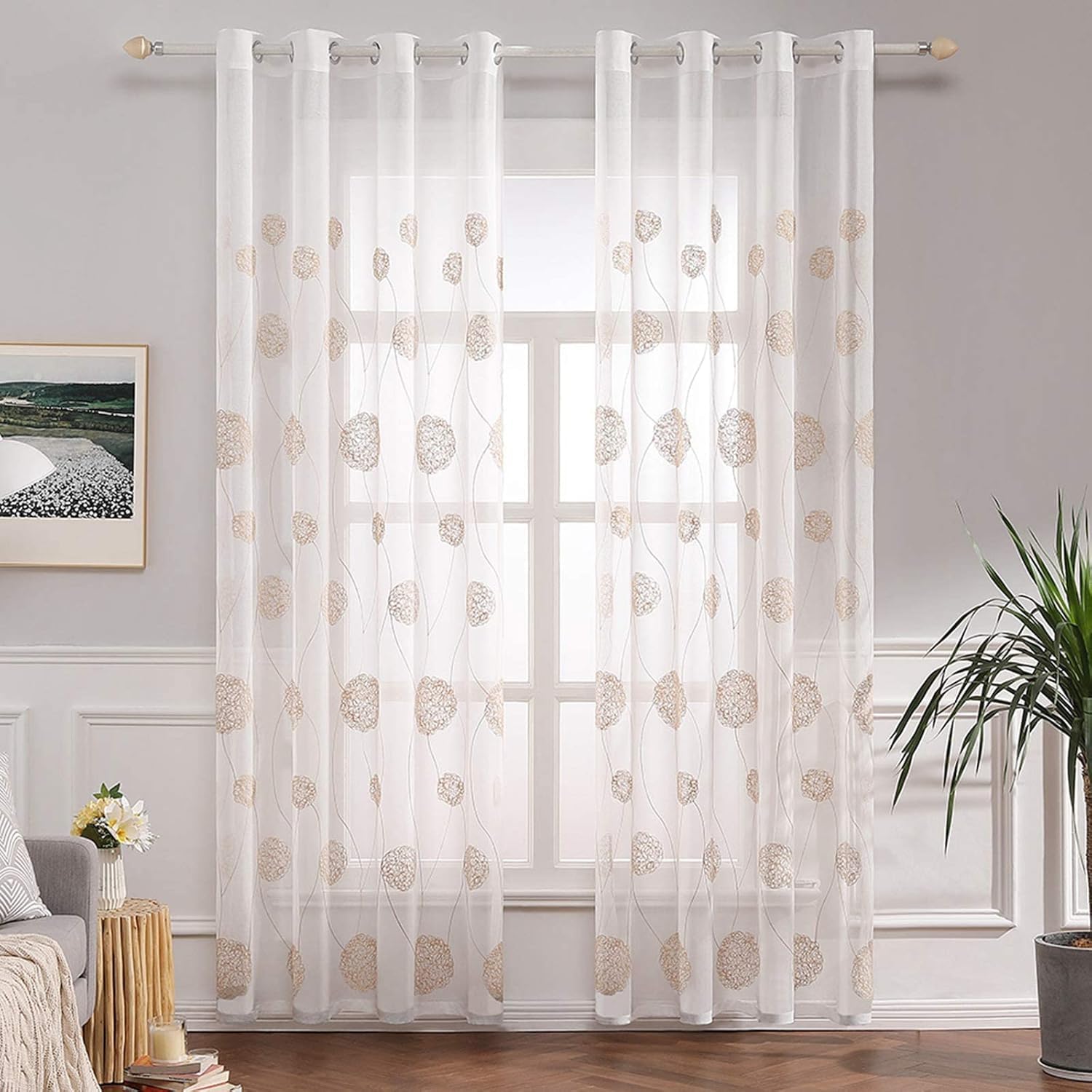 MIULEE Linnen voile-gordijnen voor binnen, lichtdoorlatend, moderne gordijnen voor slaapkamer en woonkamer, transparant linnen voor deuren en balkons, geschikt voor balkondeuren, 2 panelen, bruin-wit