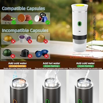 Mini Electric Espresso Coffee Machine, Small Self-Heating, Portable Car Coffee Maker with Capsule and Ground Coffee for Office, RV, Travel, Camping, Hiking (white)