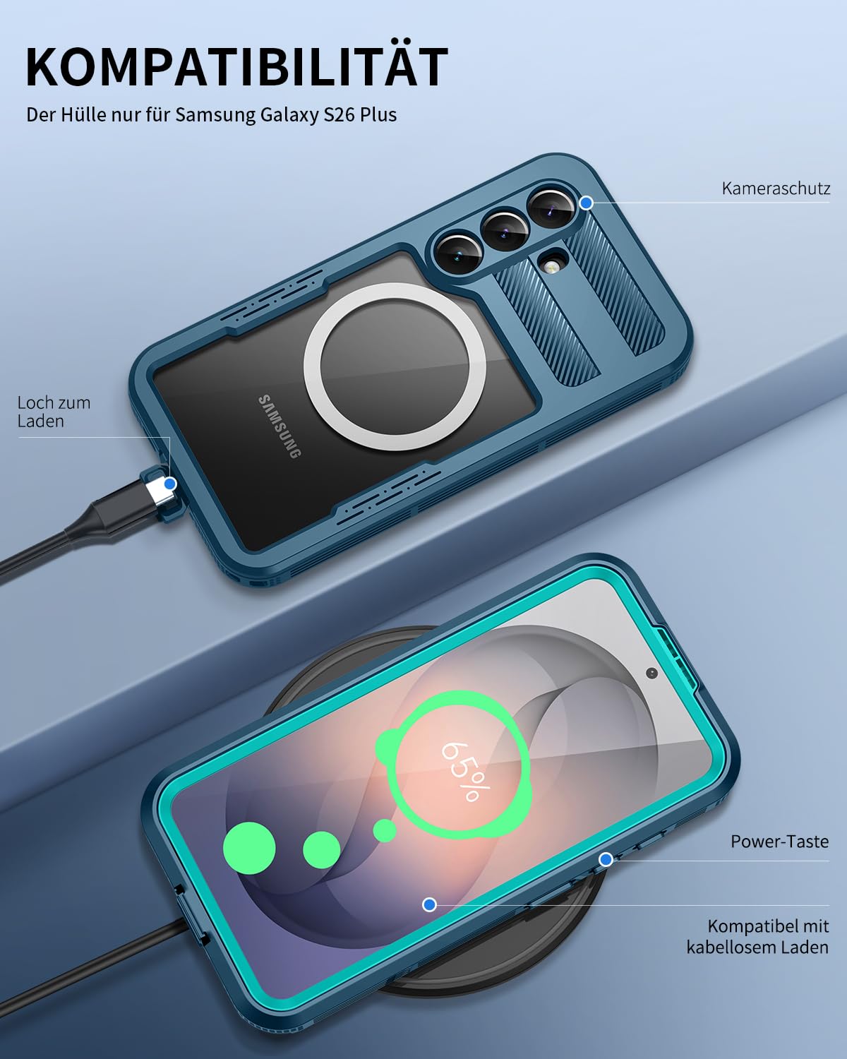 für Samsung Galaxy S26 Plus 5G Hülle Wasserdicht Kompatibel mit Magsafe, HandyHülle für Samsung S26 Plus IP68 wasserdichte 360 Schutzhülle,Stoßfest Outdoor Hülle mit Displayschutz,Blau