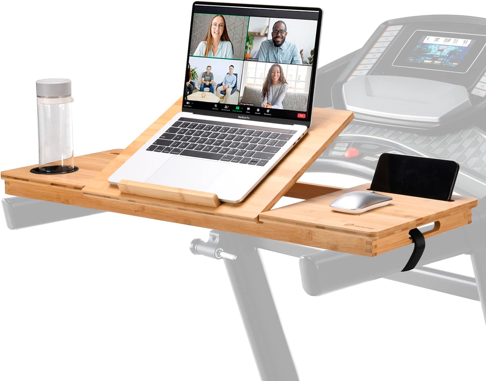 JOSHMAR Treadmill Laptop Desk – Premium Walking Desk Connected with Riser, Cup and Phone Holder. Adjustable Ergonomic Bamboo Treadmill Laptop Holder for Home or Office Workstations.