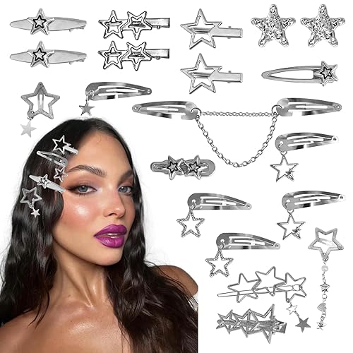 20Pcs Star Hair Accessories Y2K Silver Hair Clips 14 Shapes Metal Non-Slip Snap Barrettes for Girls 2000s Punk Kawaii Butterfly Charm Hair Clips for Women(Silver A) - Silver A