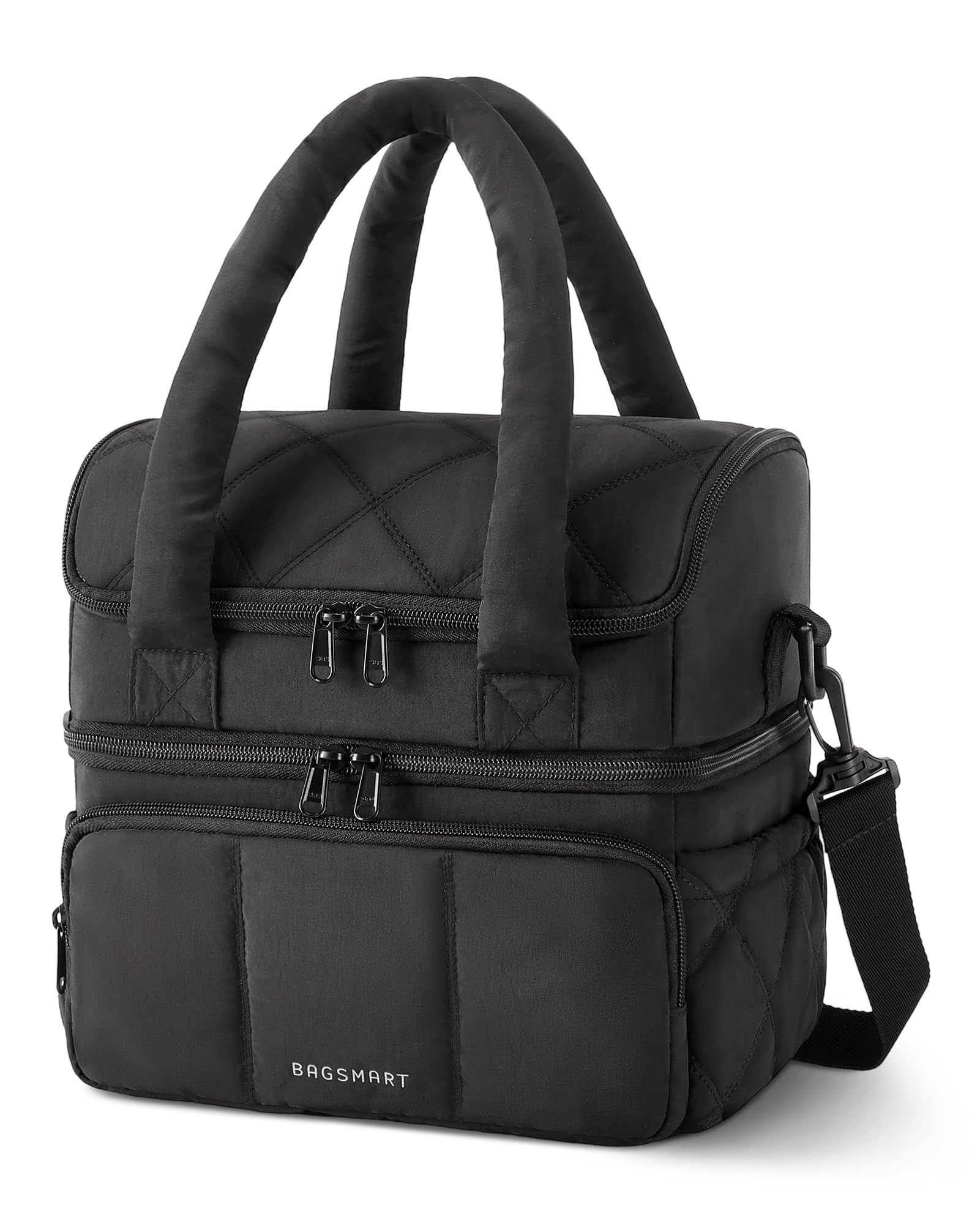 BAGSMART Lunch Bag Women, Double Deck Insulated Lunch Box, Quilted Puffer Lunch Tote, Leakproof, Durable & Reusable Large Lunch Cooler For Work Picnic Travel Meal Prep, Black