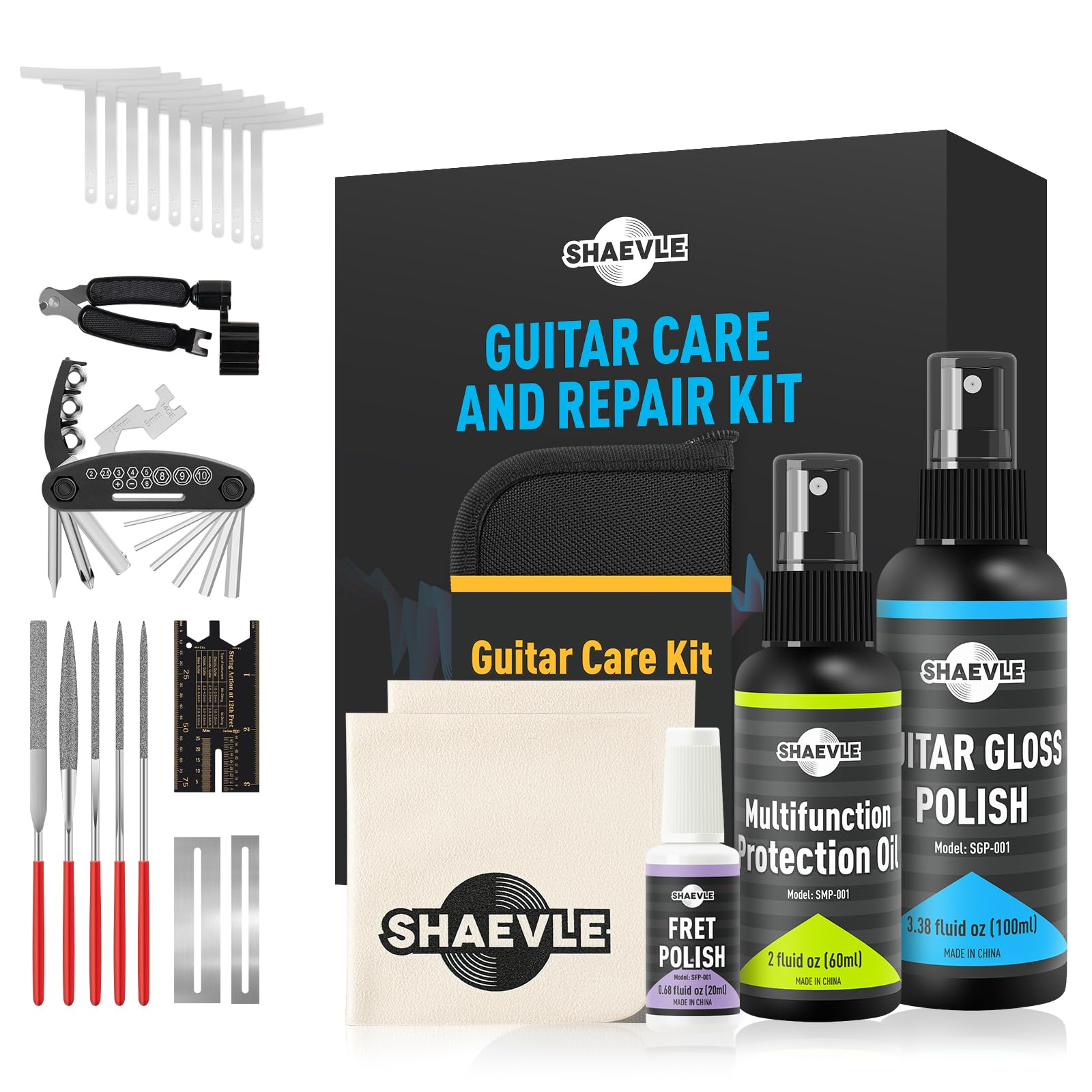 Kit di pulizia e riparazione per chitarra - Olio per chitarra, smalto lucido, lucidante per tasti, strumenti per liuteria, borsa - Manutenzione e configurazione per ukulele e basso