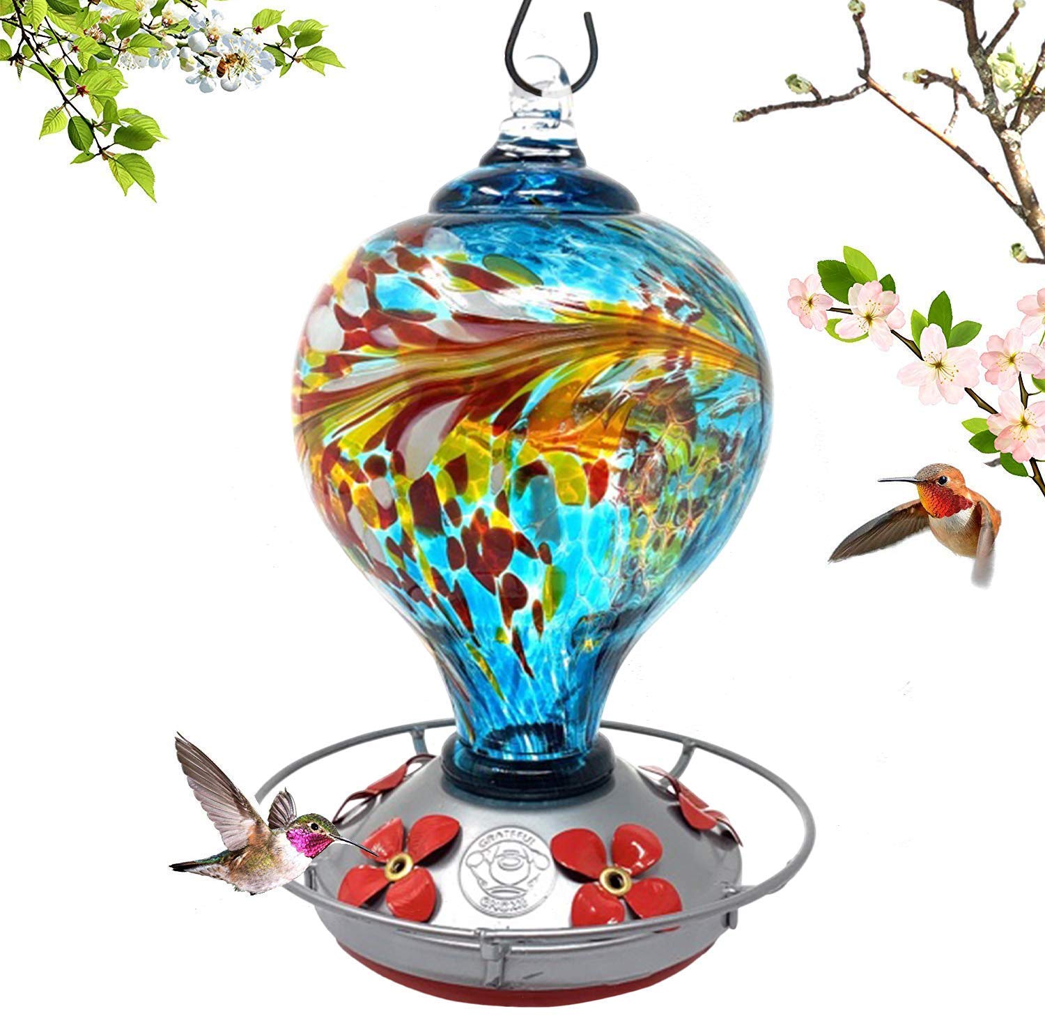 Grateful Gnome Hummingbird Feeder with Perch for Outdoor Hanging Hand Blown Glass Large Egg with Flowers 36 Fluid Ounces Kit Includes S-Hook, Ant Moat and Brush